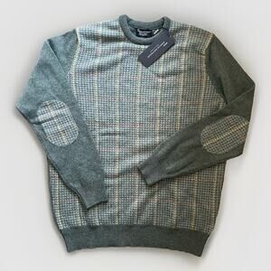 Hawick Scotland 100% Lambswool Sweater Jumper Large Green Elbow Patches NWT